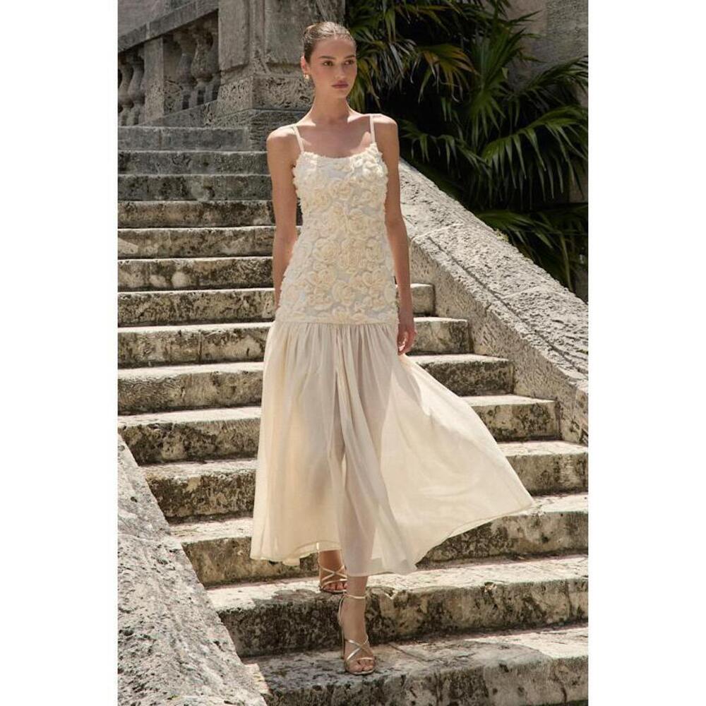Lulus Kalene Cream 3D Rosette Sheer Hem Maxi Dress